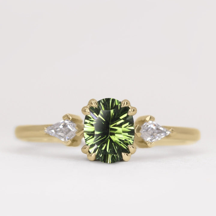 Dahlia - Oval Optix Cut Green Tourmaline Trilogy Engagement Ring