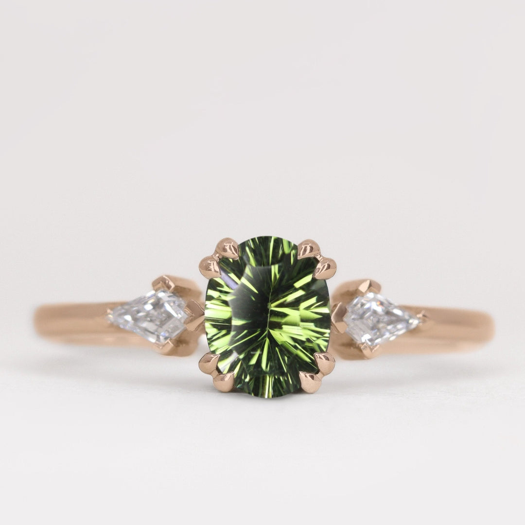 Dahlia - Oval Optix Cut Green Tourmaline Trilogy Engagement Ring