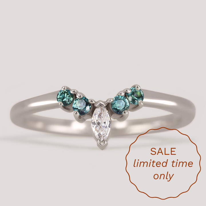 Winnie - Teal Sapphire and Marquise Lab Grown Diamond Petite Tiara Wedding Ring - Made-to-Order