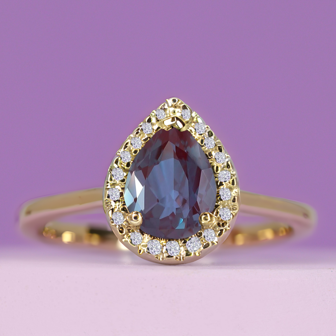 Winter - Pear Shaped Lab-Grown Alexandrite and Diamond Halo Engagement Ring