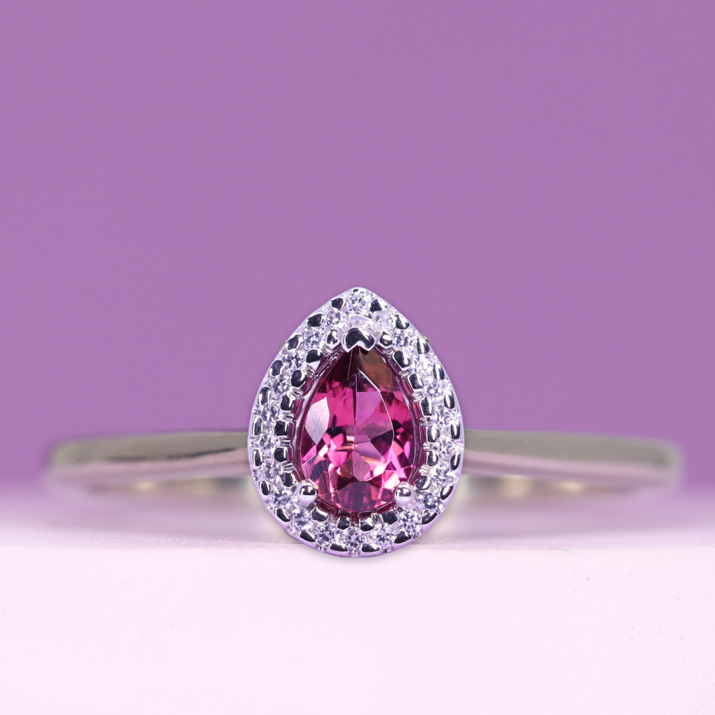 Winter - Petite Pear Pink Tourmaline and Diamond Halo Engagement Ring