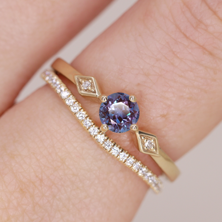 Hollie - Round Cut Lab Grown Alexandrite Art Deco Trilogy Engagement Ring