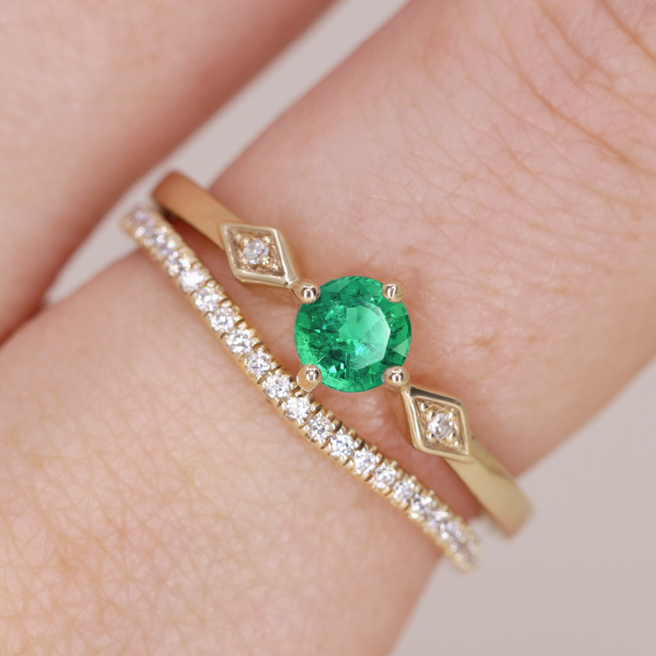 Hollie - Round Cut Emerald Art Deco Trilogy Engagement Ring