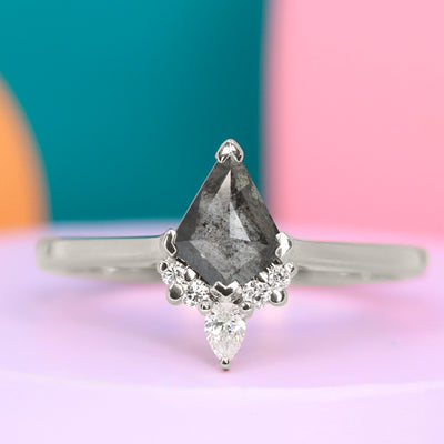 Celeste - Kite Shaped Salt and Pepper Diamond Engagement Ring with Diamond Set Crown - Custom Made-to-Order Design