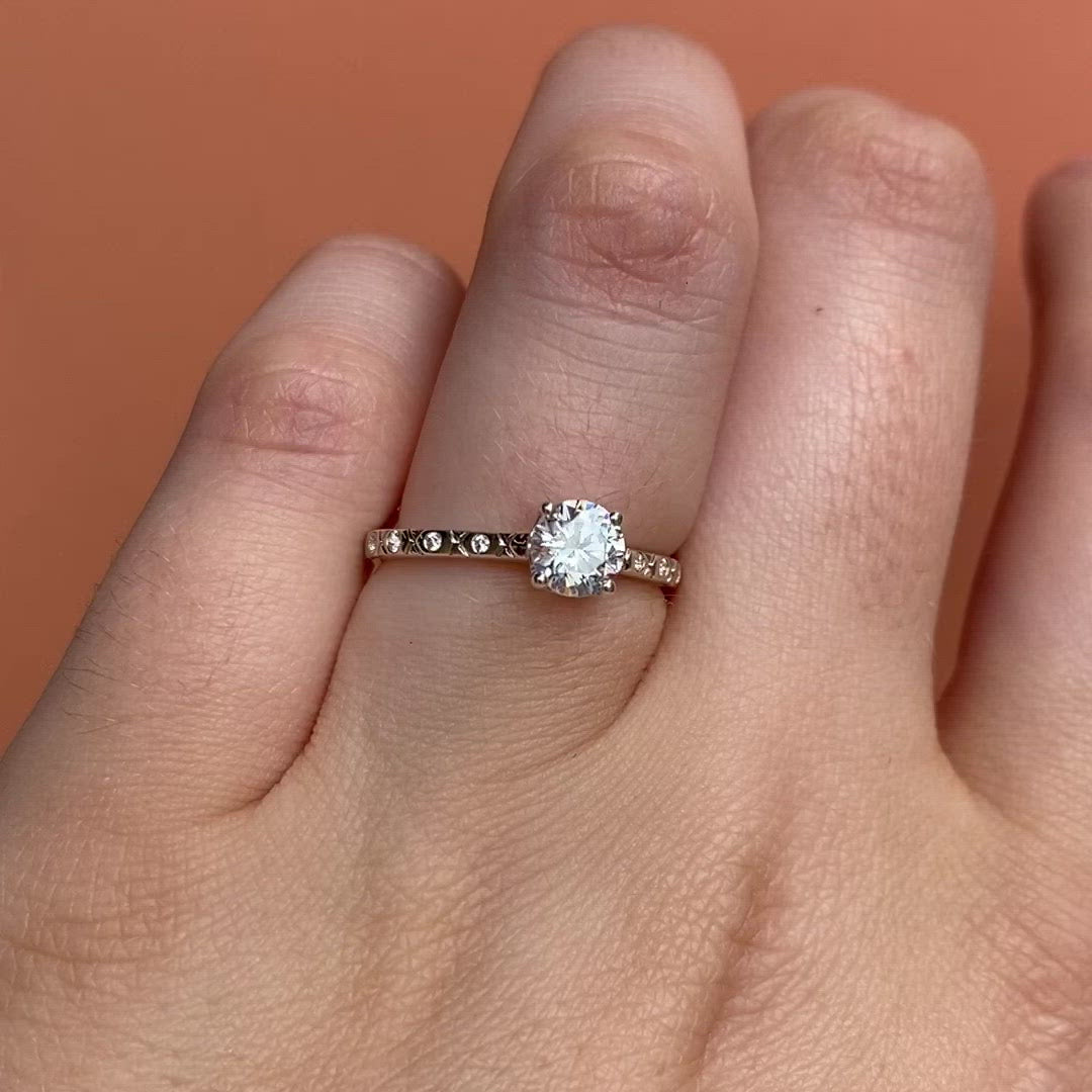 Penelope Solitaire - Round Brilliant Cut White Diamond Solitaire Ring with Patterned Diamond Set Shoulders - Made to Order