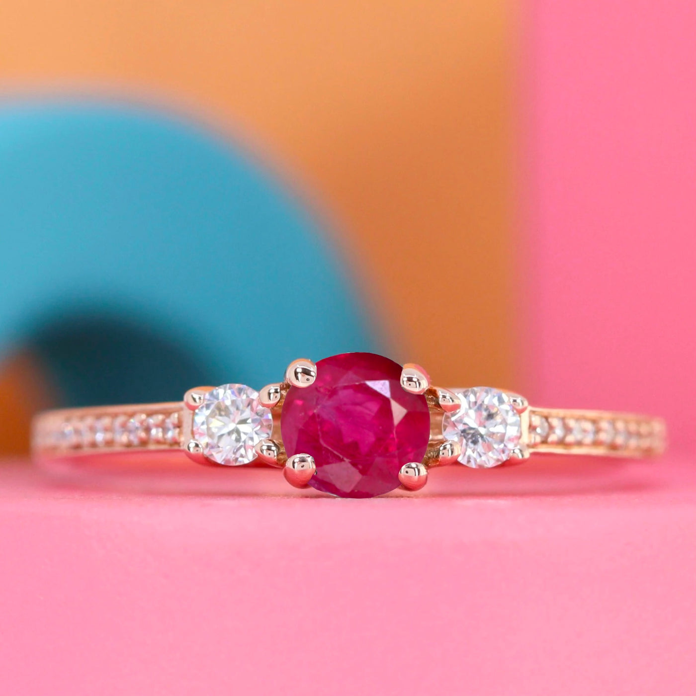 Callie - Round Brilliant Cut Ruby Trilogy Engagement Ring - Made-to-Order