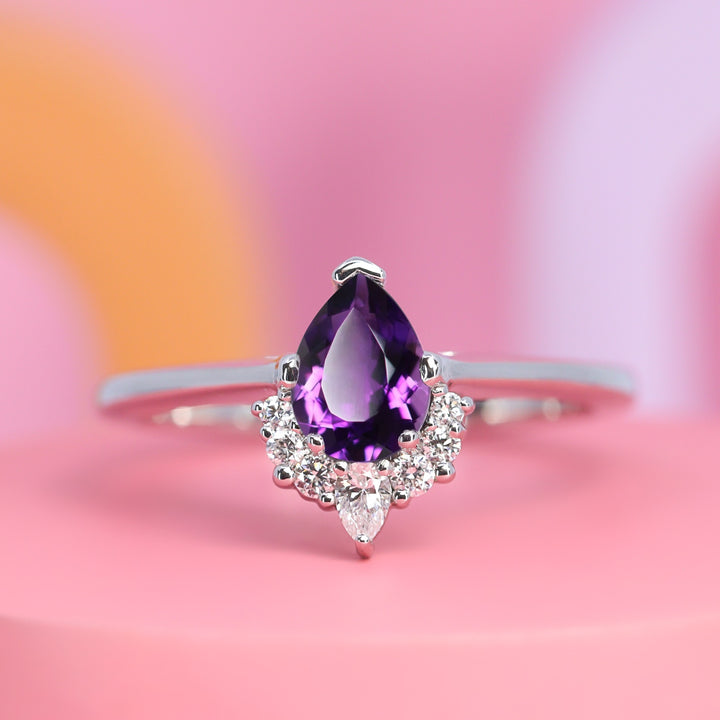 Celeste - Teardrop/Pear Cut Amethyst or Sapphire Ring with White Diamond Crown - Made-to-Order