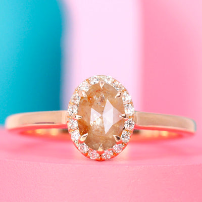 Charlotte - Oval Cut Fancy Orange Salt and Pepper Diamond Ring with Hugging Halo - Custom Made-to-Order Design