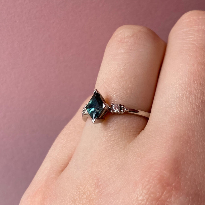 Natalia - Kite Shaped Montana Sapphire and White Diamond Delicate Trilogy Ring - Custom Made-to-Order Design