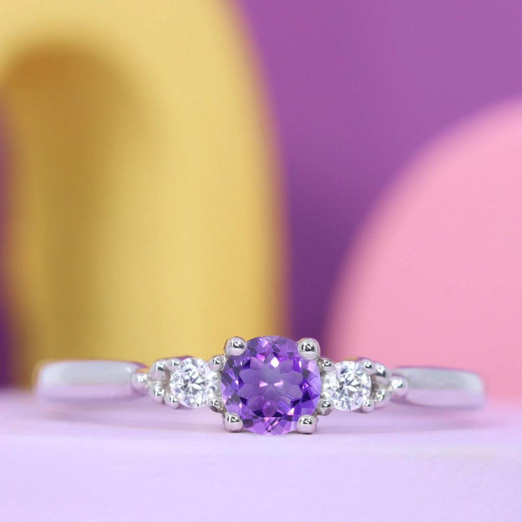 Natalia - Round Cut Amethyst or Sapphire Trilogy Engagement Ring - Ready in 6 Weeks
