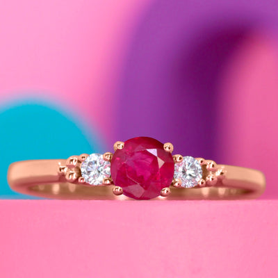 Natalia - Round Brilliant Cut Ruby or Red Tourmaline and Diamond Delicate Trilogy Engagement Ring - Made-to-Order