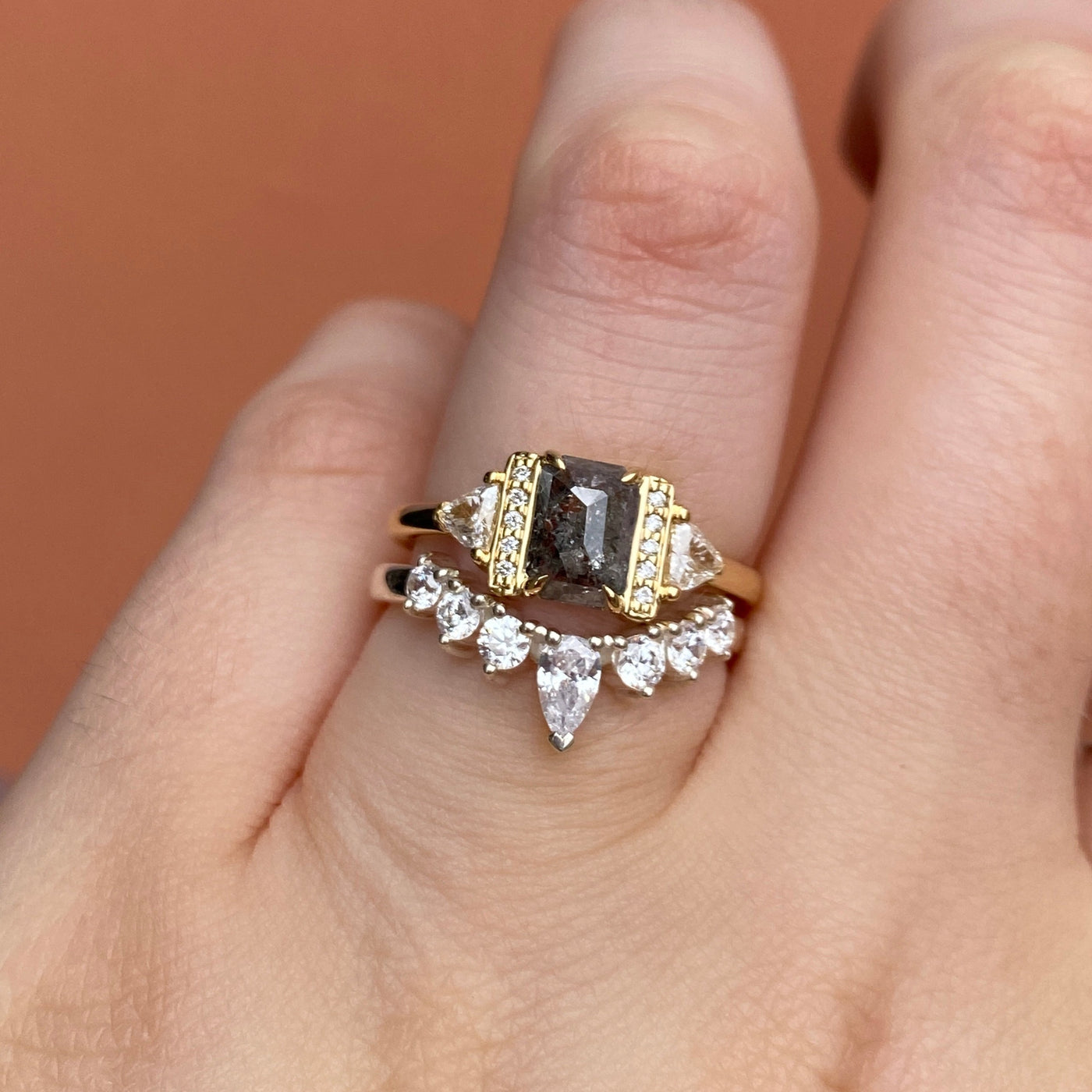 Ophelia -  Emerald Cut Salt & Pepper Diamond Art Deco Engagement Ring - Custom Made-to-Order Design