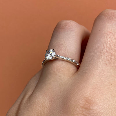 Penelope Solitaire - Round Brilliant Cut White Diamond Solitaire Ring with Patterned Diamond Set Shoulders - Made to Order