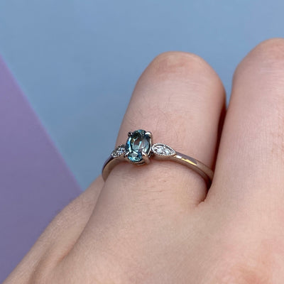 Rosa - Dainty Deco Collection - Oval Cut Teal Sapphire Engagement Ring with Bead Detail - Made-to-Order