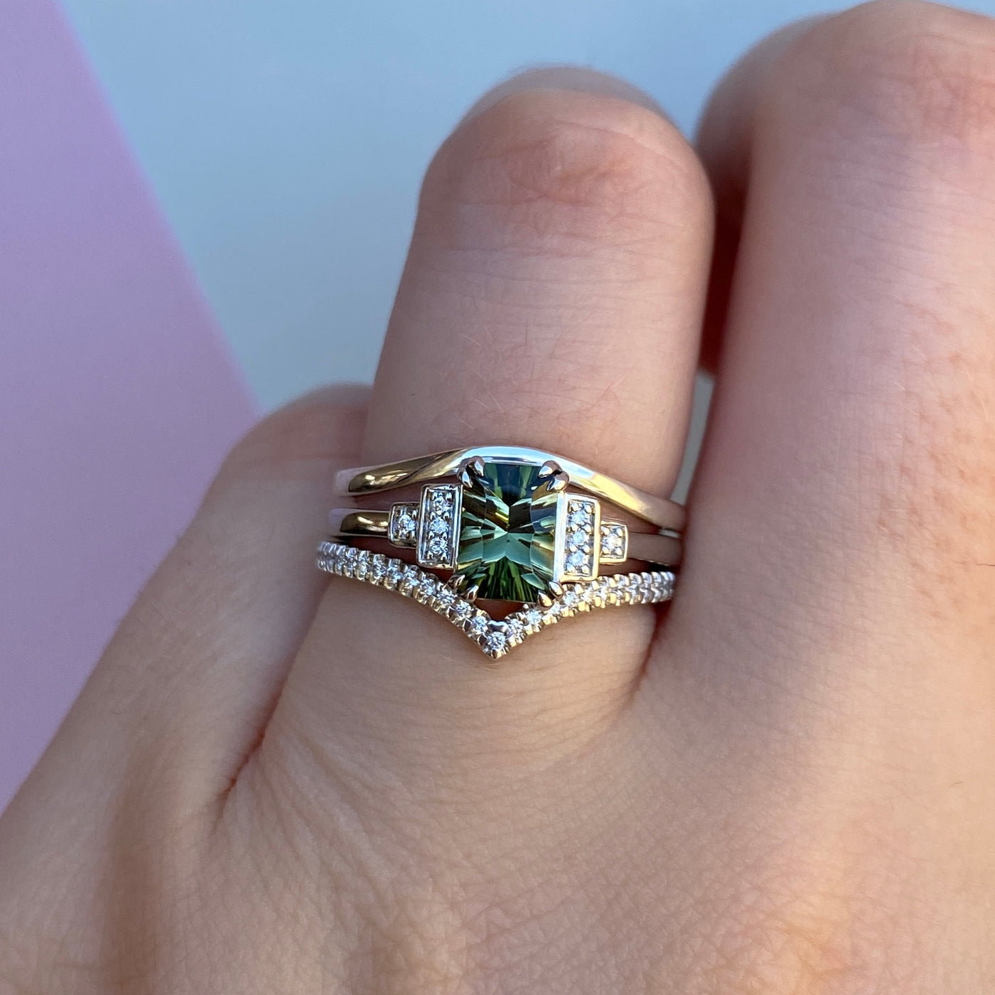 Grace - Optix Emerald Cut Green Tourmaline Engagement Ring with Diamond Bars - Custom Made-to-Order Design