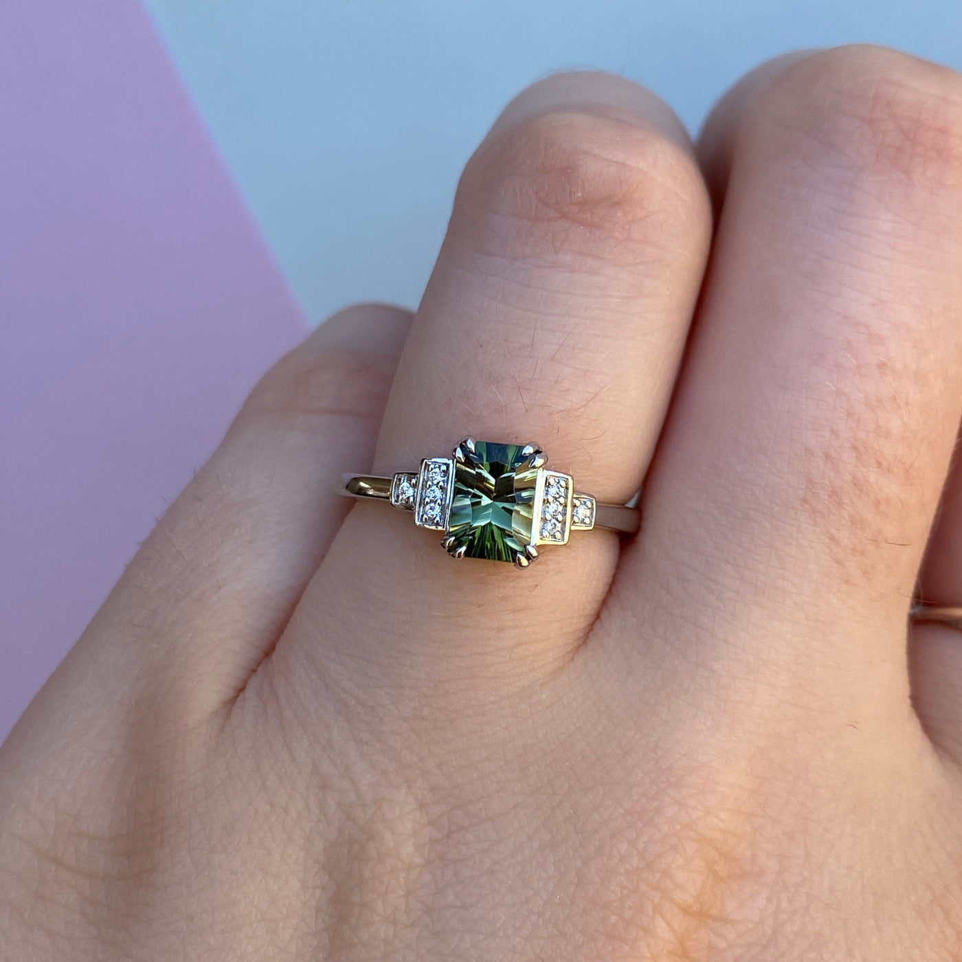 Grace - Optix Emerald Cut Green Tourmaline Engagement Ring with Diamond Bars - Custom Made-to-Order Design