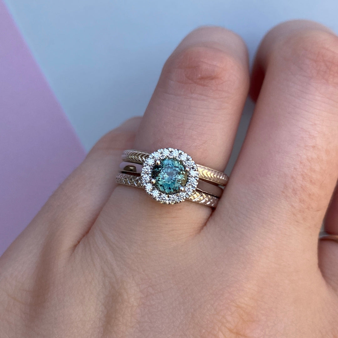 April - Round Teal Sapphire and Round Brilliant Cut Halo Engagement Ring - Made-to-Order