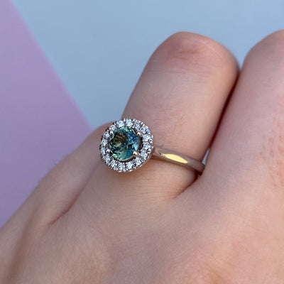 April - Round Teal Sapphire and Round Brilliant Cut Halo Engagement Ring - Custom Made-to-Order Design