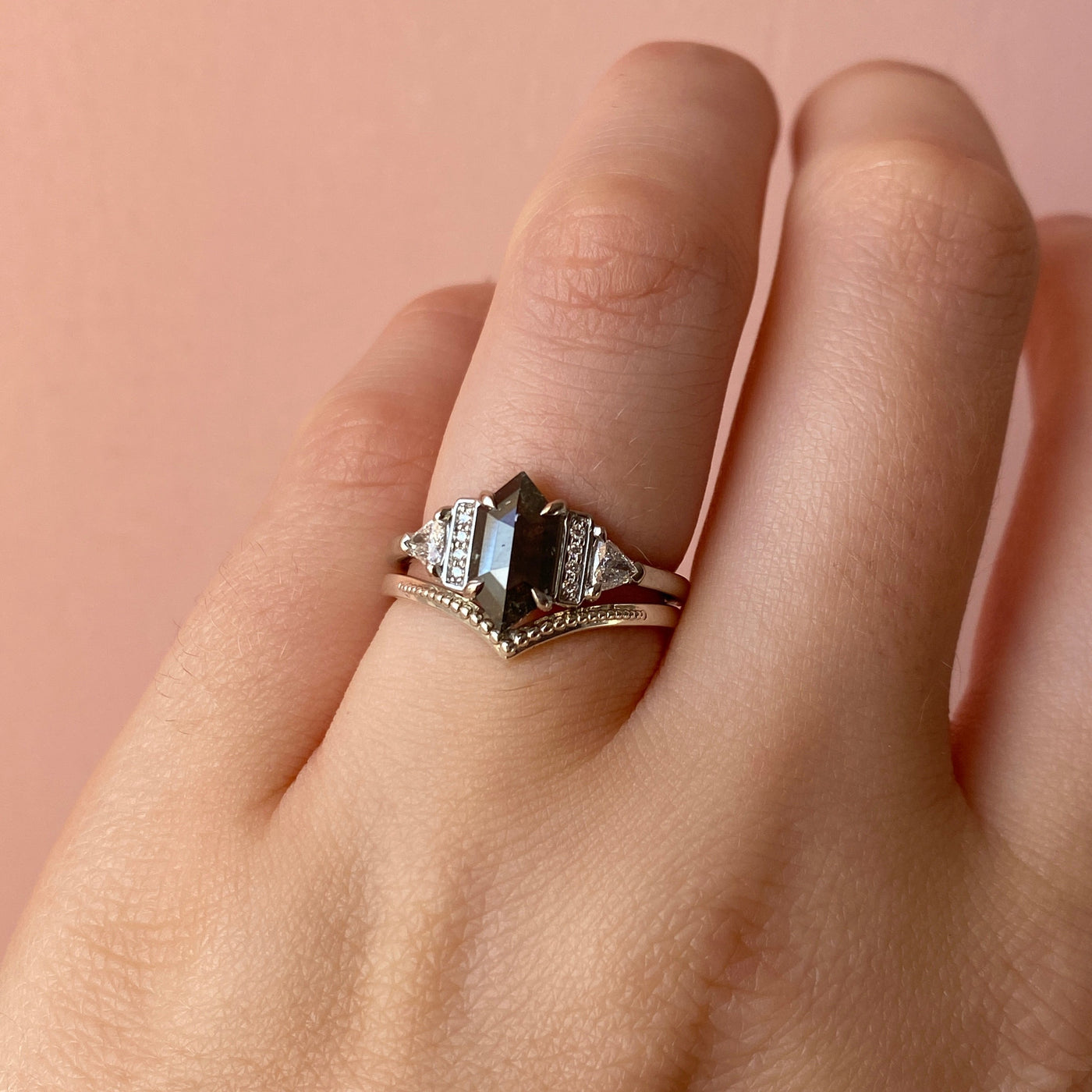 Ophelia -  Elongated Hexagon Salt & Pepper Diamond Art Deco Engagement Ring - Custom Made-to-Order Design
