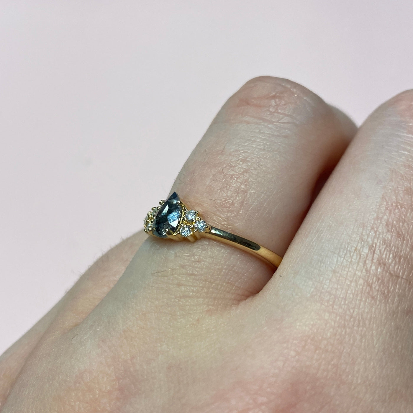 Henrietta - Teardrop/Pear Cut Salt and Pepper Diamond Engagement Ring With White Diamond Side Stones - Custom Made-to-Order Design