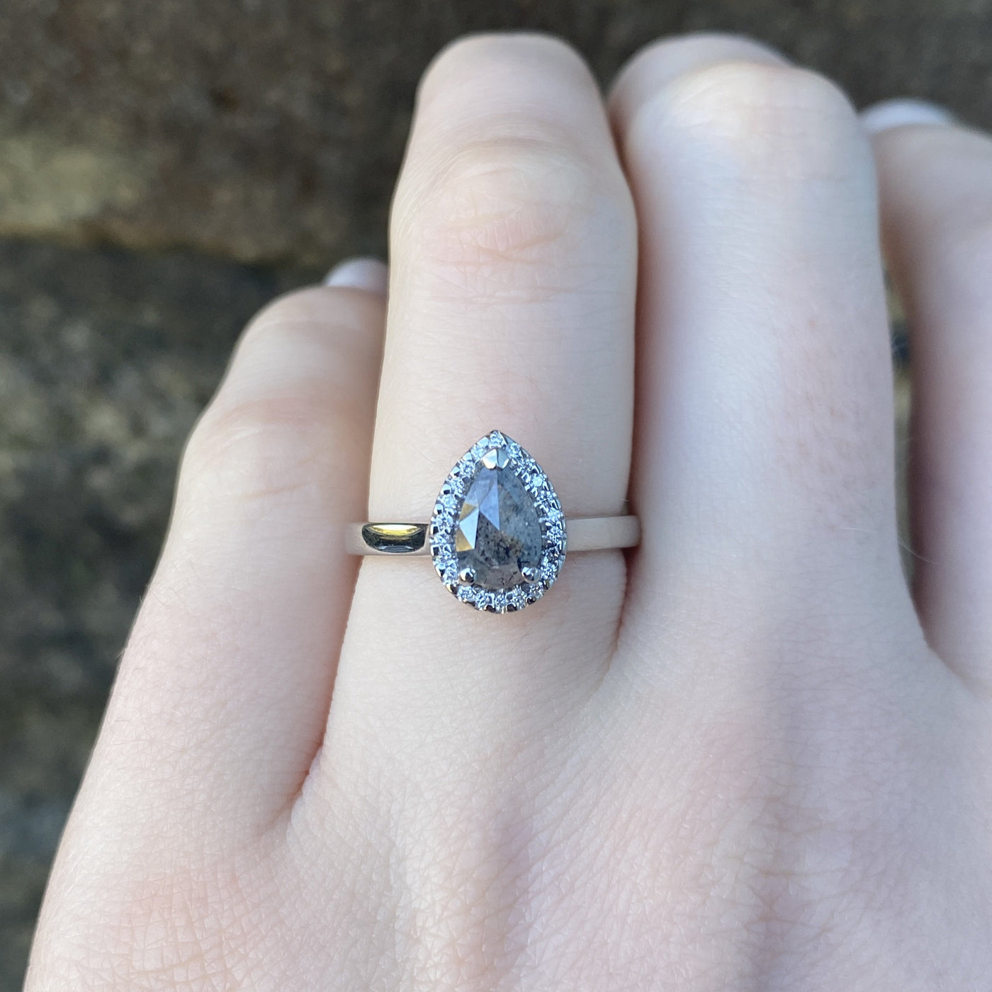 Winter - Teardrop/Pear Shaped Salt & Pepper Diamond with Halo Engagement Ring - Made-To-Order