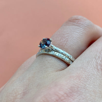 Penelope Solitaire - Round Brilliant Cut Lab Grown Alexandrite Solitaire Ring with Patterned Diamond Set Shoulders - Made to Order