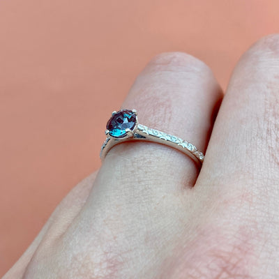 Penelope Solitaire - Round Brilliant Cut Lab Grown Alexandrite Solitaire Ring with Patterned Diamond Set Shoulders - Made to Order