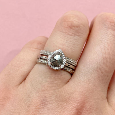Winter - Teardrop/Pear Shaped Salt & Pepper Diamond Halo Ring in Platinum - Custom Made-to-Order Design
