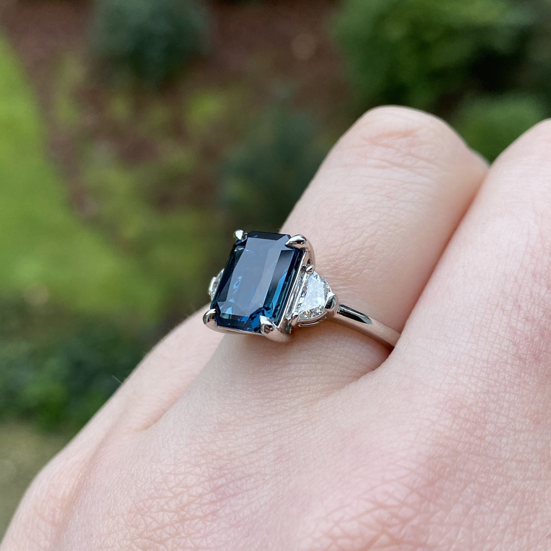 Luna - Radiant Cut Teal Sapphire Ring with Half Moon White Diamond Side Stones - Custom Made-to-Order Design