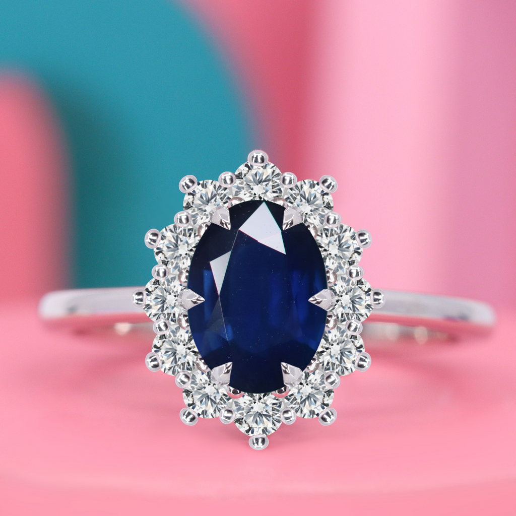 Coronation Collection - Diana & Kate - Oval Cut Blue Sapphire and Lab Grown Diamond Halo Engagement Ring - Custom Made-to-Order Design