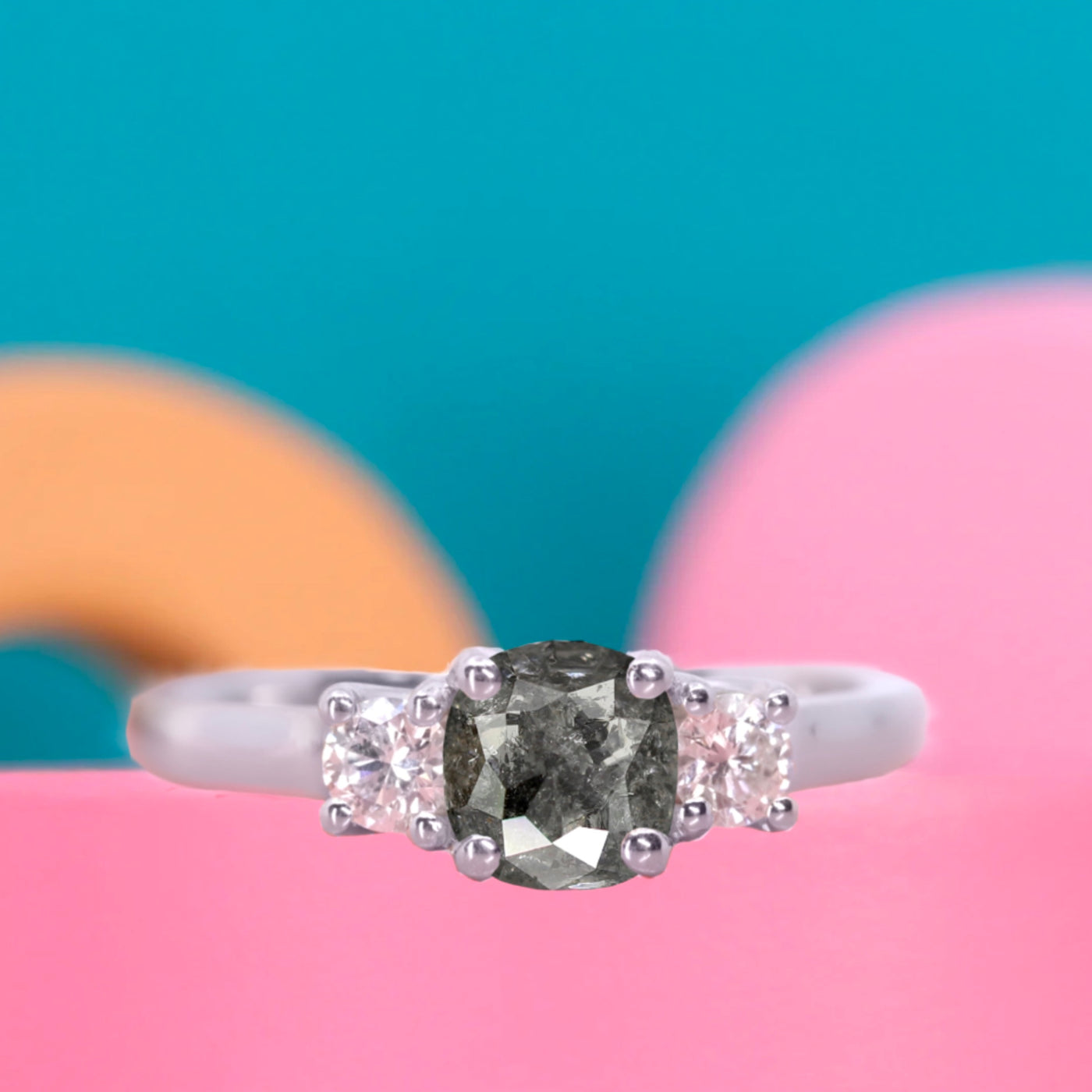Coronation Collection - Meghan - Cushion Cut Salt & Pepper Diamond & Round Brilliant Cut White Diamond Trilogy Engagement Ring - Custom Made-to-Order Design