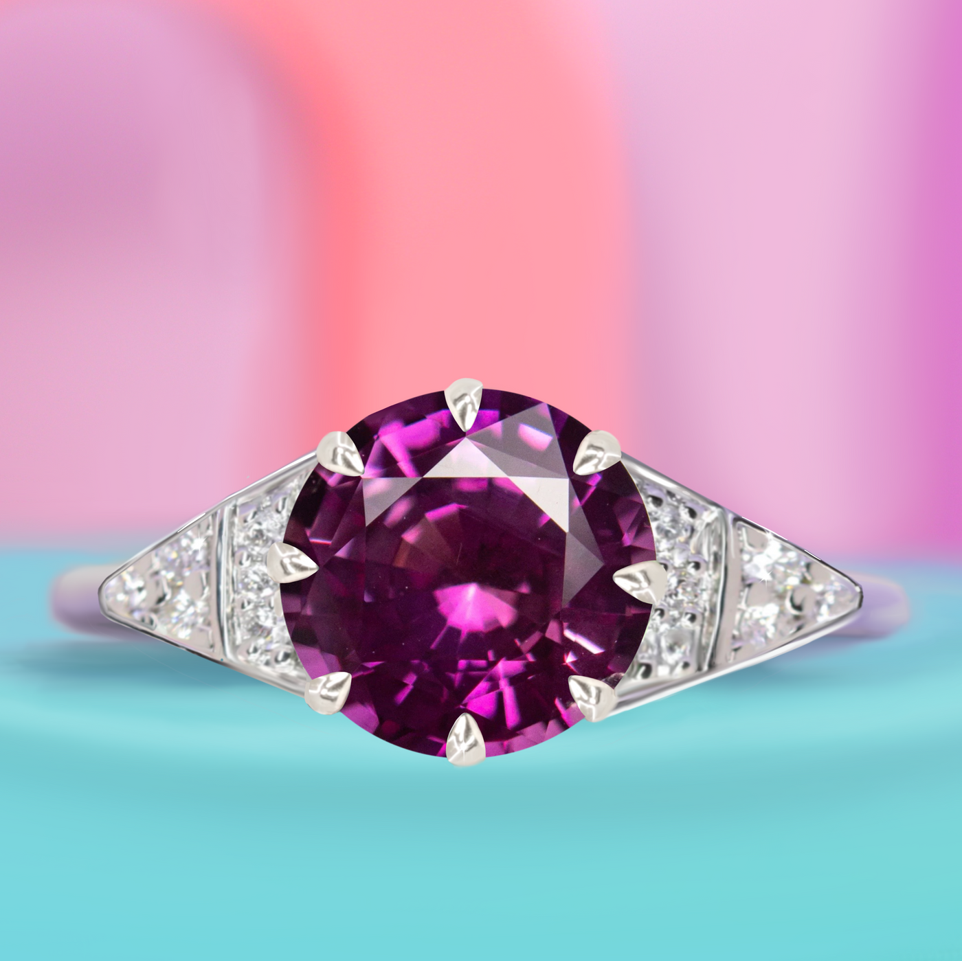 Coronation Collection - Elizabeth - Round Brilliant Cut Purple Sapphire and Round Brilliant Cut Diamond Art Deco Engagement Ring - Custom Made-to-Order Design