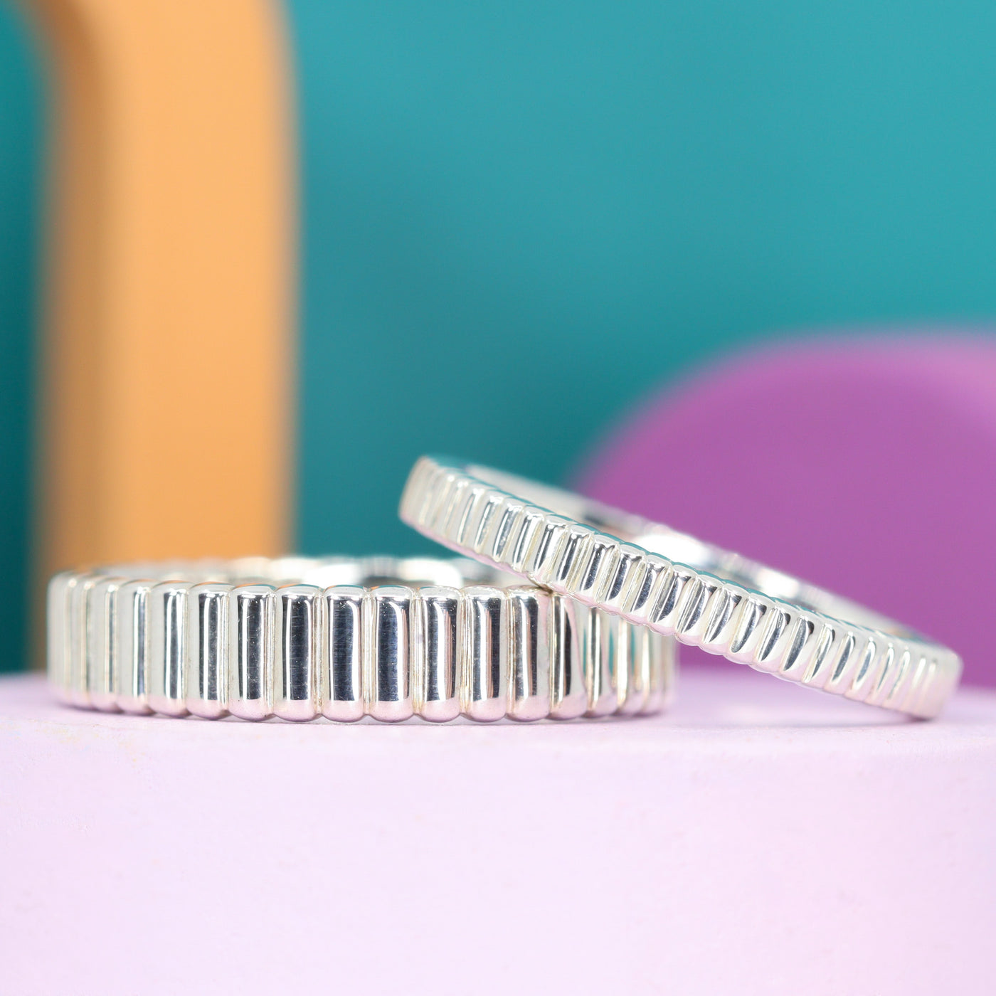 Gabrielle and Jacques - Ribbed French Style Textured Wedding Ring Matching Pair - Made-to-Order