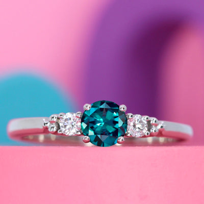 Natalia - Round Brilliant Cut Lab-Grown Alexandrite and Diamond Delicate Trilogy Engagement Ring - Made-to-Order