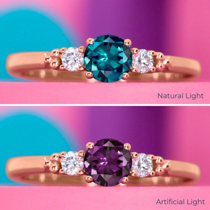 Natalia - Round Brilliant Cut Lab-Grown Alexandrite and Diamond Delicate Trilogy Engagement Ring - Made-to-Order