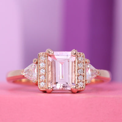 Ophelia - Emerald Cut Morganite and Diamond Art Deco Style Engagement Ring - Made-to-Order