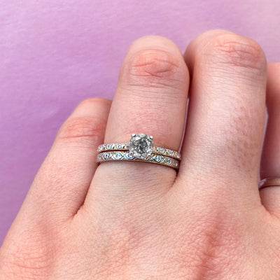 Penelope - Bridal Set - Salt and Pepper Diamond Solitaire Engagement Ring with Patterned Diamond Set Shoulders and Matching Wedding Ring - Made-to-Order