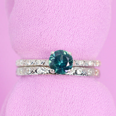 Penelope - Bridal Set - Teal Sapphire Solitaire Engagement Ring with Patterned Diamond Set Shoulders and Matching Wedding Ring - Made-to-Order