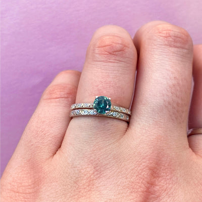 Penelope - Bridal Set - Teal Sapphire Solitaire Engagement Ring with Patterned Diamond Set Shoulders and Matching Wedding Ring - Made-to-Order