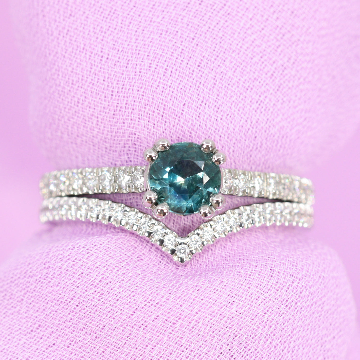 Rebecca & Ellis - Bridal Set - Teal Sapphire Ring with Diamond Set Shoulders and Diamond Set Wishbone Wedding Ring - Made-to-Order