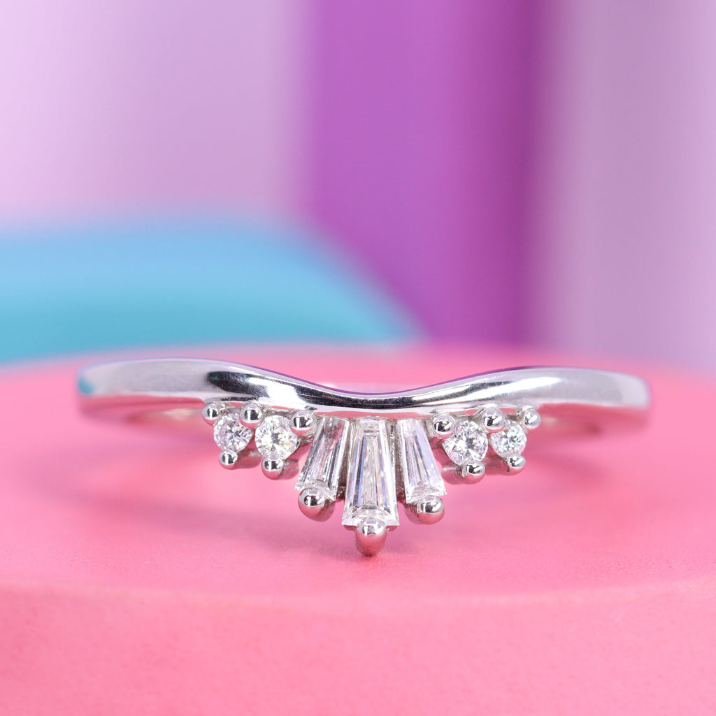 Diana - Crown Tiara Baguette and Round Diamond Set Wedding Ring in Platinum - Made-to-Order