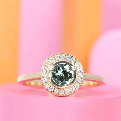 Florence - Green Sapphire and Diamond Halo Engagement Ring - Custom Made-to-Order Design