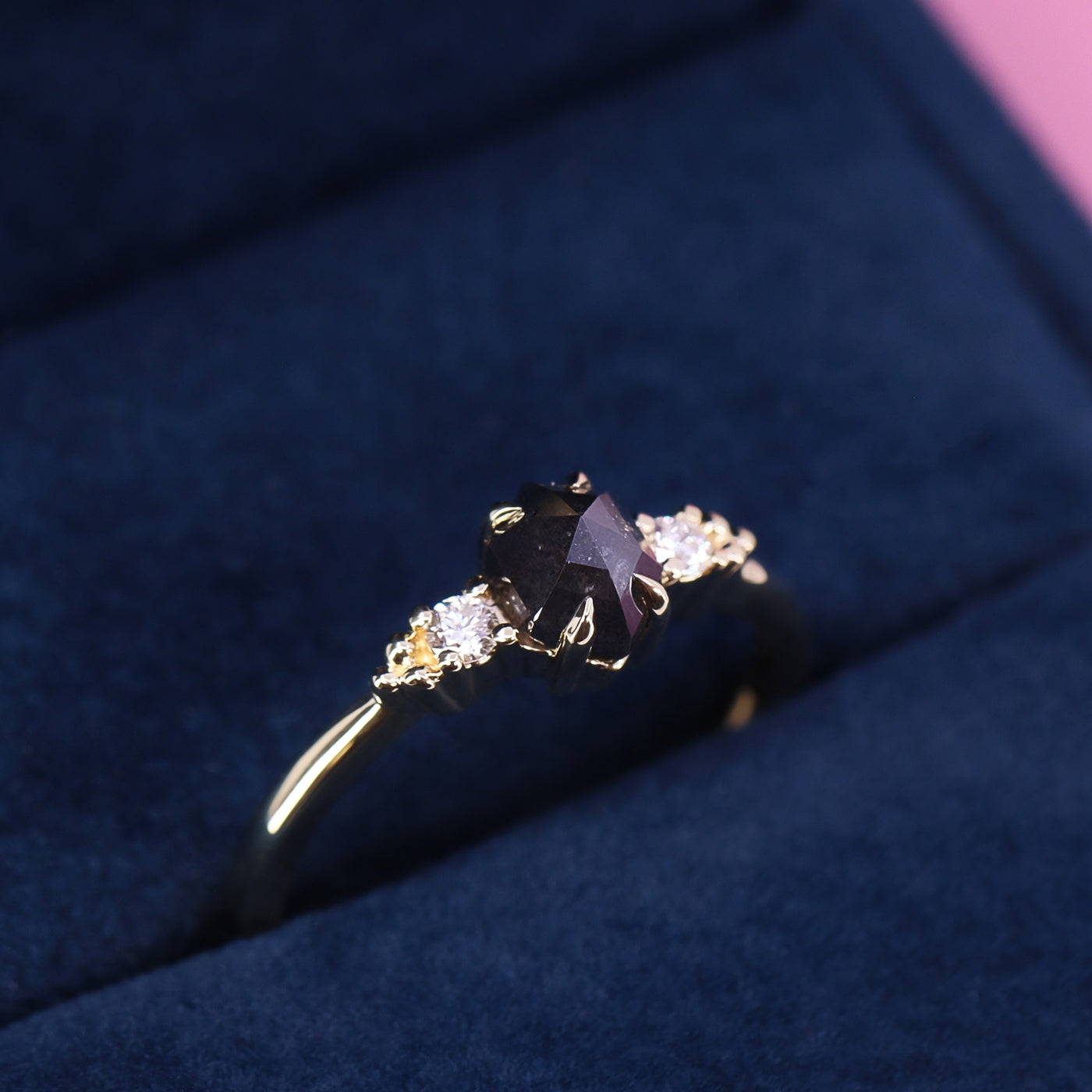 Natalia - Hexagon Shaped Salt and Pepper Diamond and White Diamond Delicate Trilogy Ring - Custom Made-to-Order Design