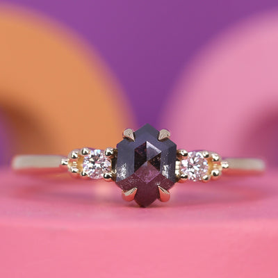 Natalia - Hexagon Shaped Salt and Pepper Diamond and White Diamond Delicate Trilogy Ring - Custom Made-to-Order Design