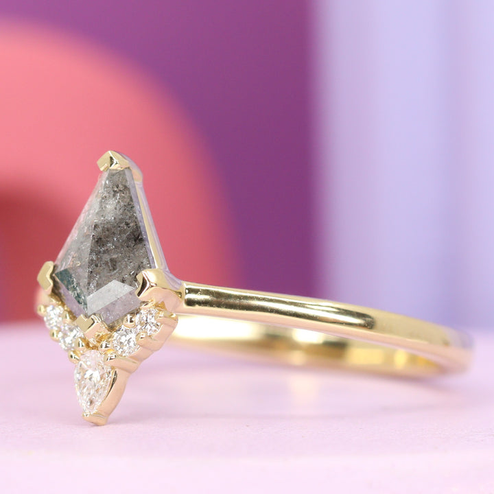 Celeste - Kite Shaped Salt and Pepper Diamond Engagement Ring with Lab Grown Diamond Set Crown - Made-to-Order