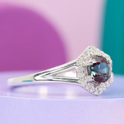 Isabelle - Lab Grown Alexandrite Hexagon Shaped Art Deco Style Halo Engagement Ring - Made-To-Order