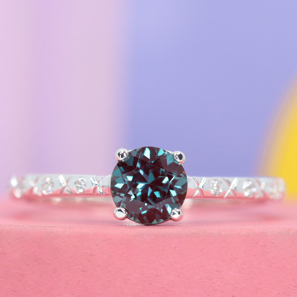 Penelope Solitaire - Round Brilliant Cut Lab Grown Alexandrite Solitaire Ring with Patterned Diamond Set Shoulders - Made to Order