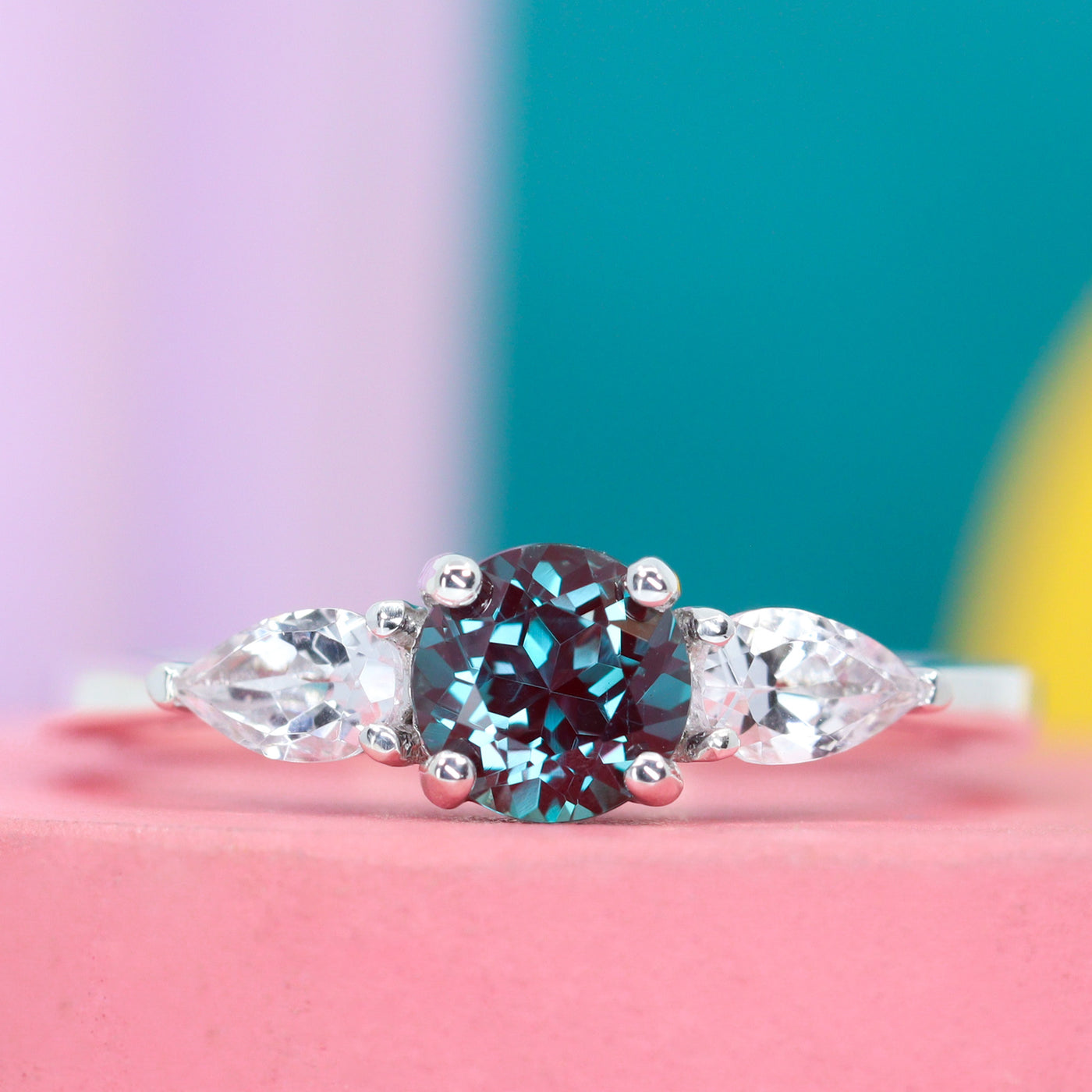 Daphne - Lab Grown Alexandrite and White Diamond Trilogy Engagement Ring Pear Side Stones - Made-to-Order