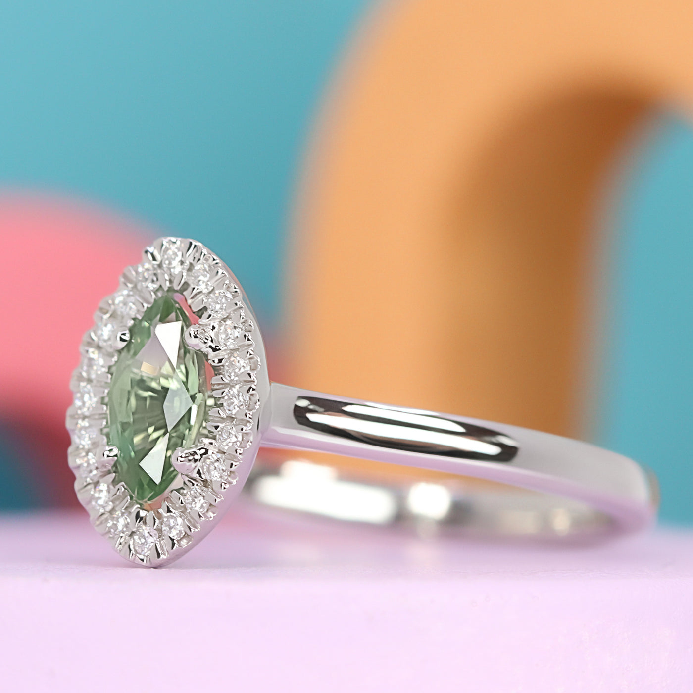 Robyn - Marquise Green Sapphire with White Diamond Halo Engagement Ring - Custom Made-to-Order Design