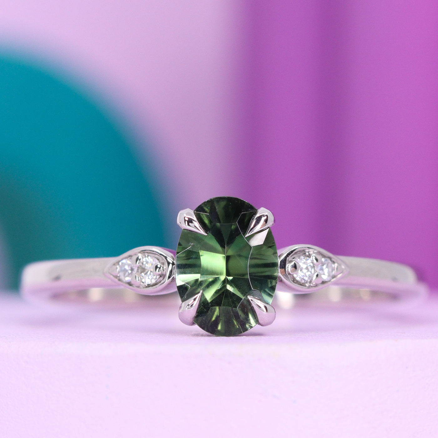 Rosa - Optix Oval Cut Green Tourmaline Engagement Ring with Bezel Detail - Custom Made-to-Order Design